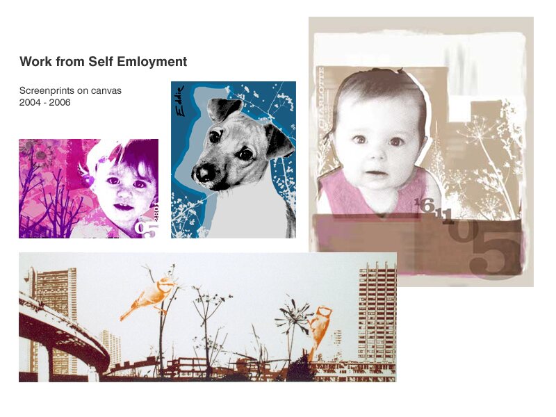 Portfolio page showing screenprints on canvas from 2004 to 2006