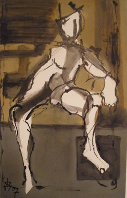 Painted seated figure in green, white, black and earthy tones