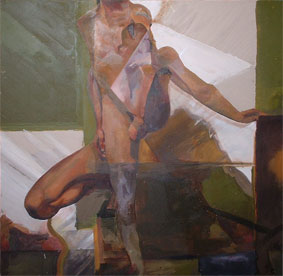 Tension, figurative painting with angular architectural planes