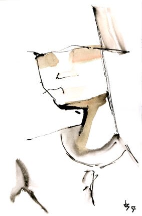 Minimal ink and wash drawing of an abstract face